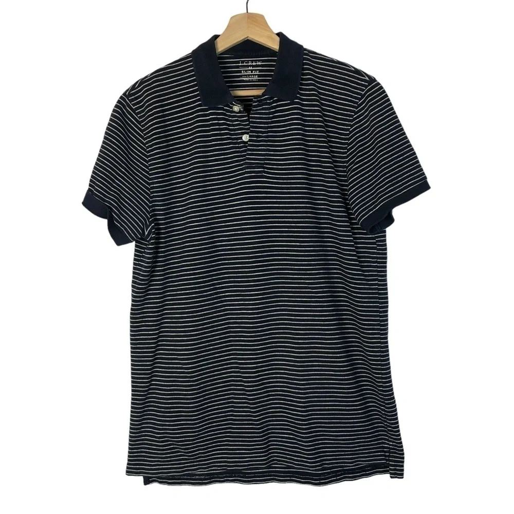 J. Crew Slim Striped Pique Polo Navy Blue & White Stripe Short Sleeve Polo L